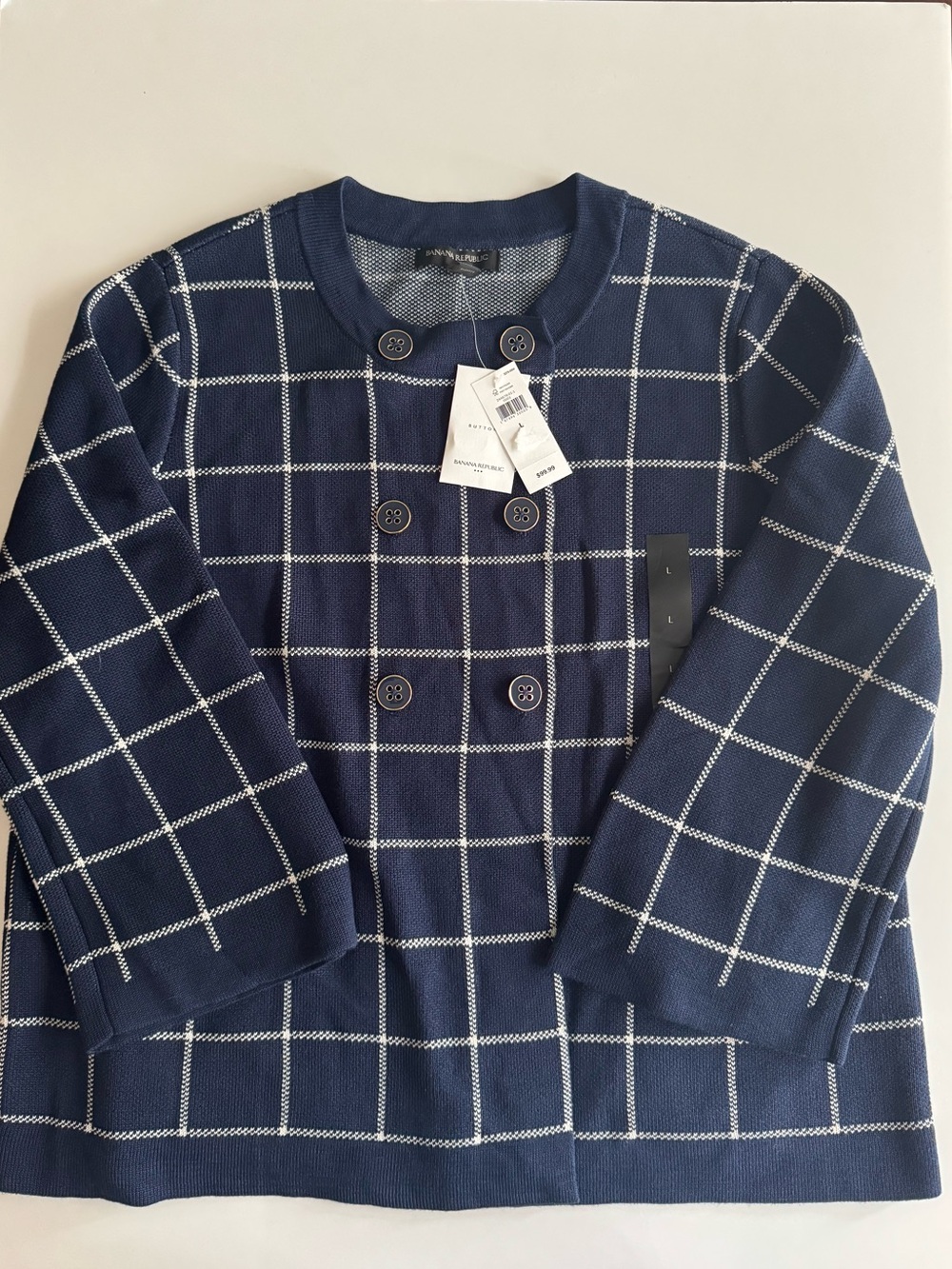 Banana Republic Navy Windowpane Plaid Cardigan Jacket Size L NWT